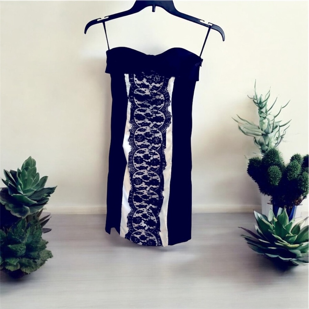 Strapless Black Bodycon Dress by Scott McClintock with Front Lace Detailing